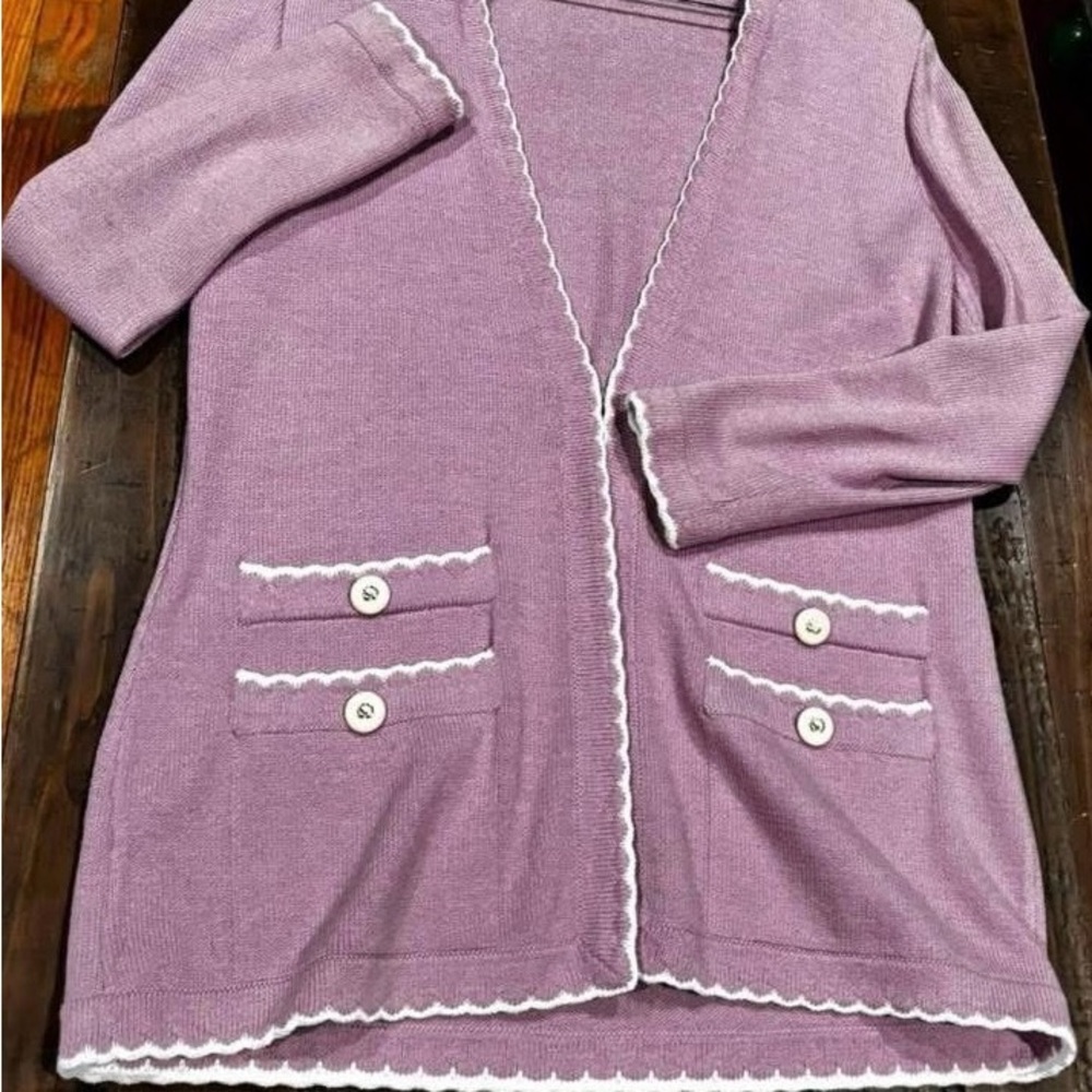 St. John Collection Lavender Cardigan with White Trim